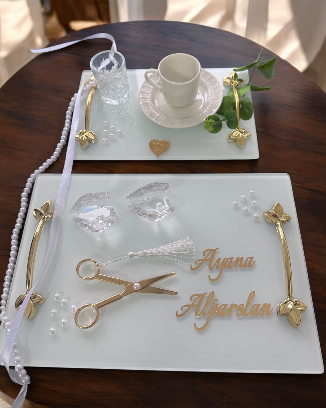 Adore Gold Beyaz İncili Söz Tepsisi Nişan Tepsisi ve Damat Kahve 