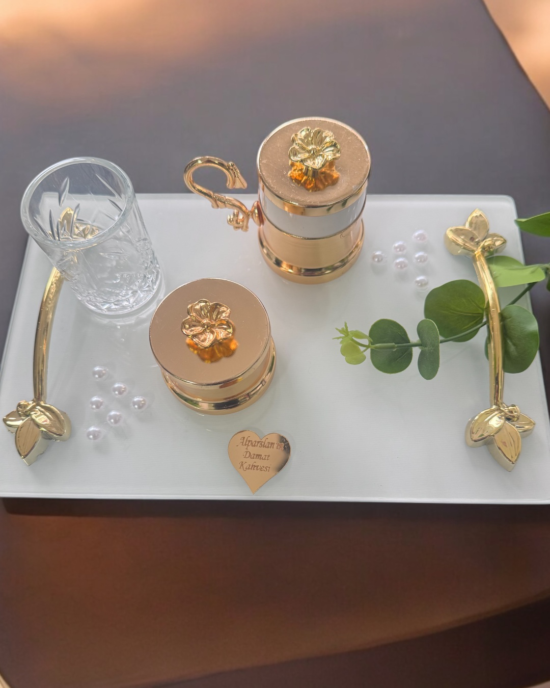 Cyzhome Adore Gold Beyaz İncili Söz Tepsisi Nişan Tepsisi Ve Damat Kahve 