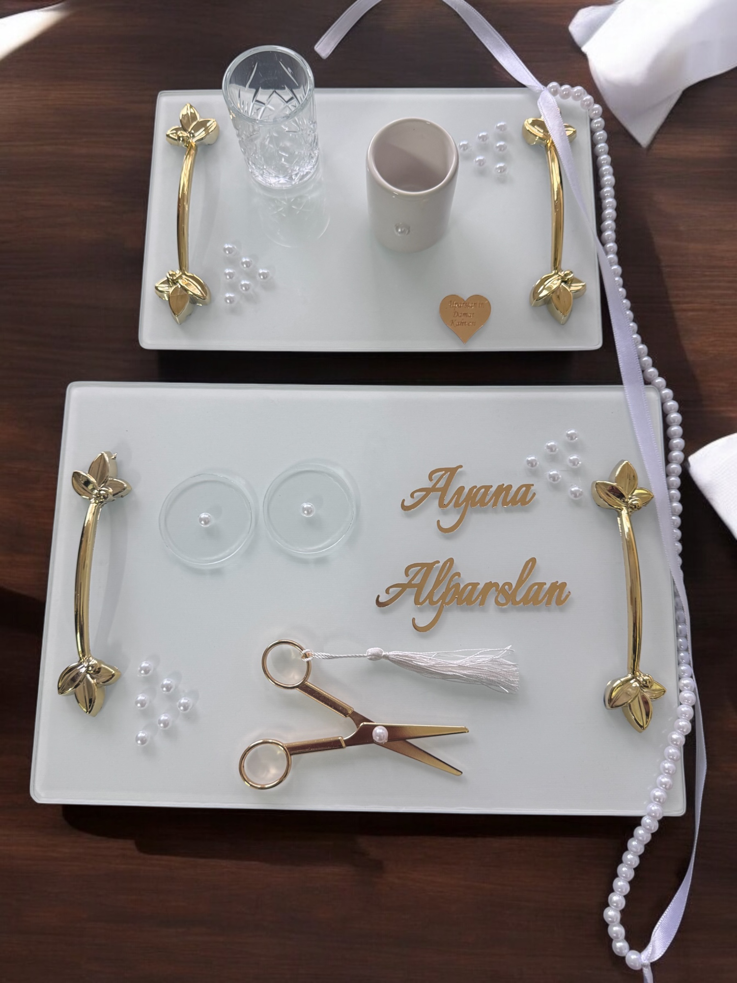Adore Gold Beyaz İncili Söz Tepsisi Nişan Tepsisi ve Damat Kahve 