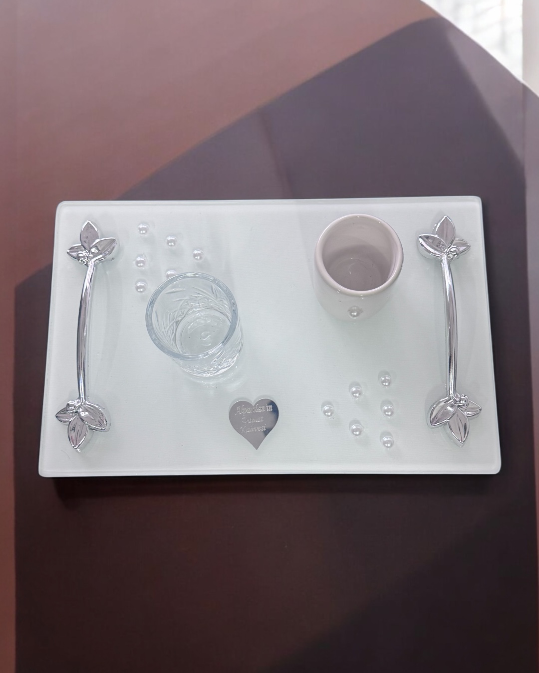 Adore Gümüş Beyaz İncili Söz Tepsisi Nişan Tepsisi ve Damat Kahve