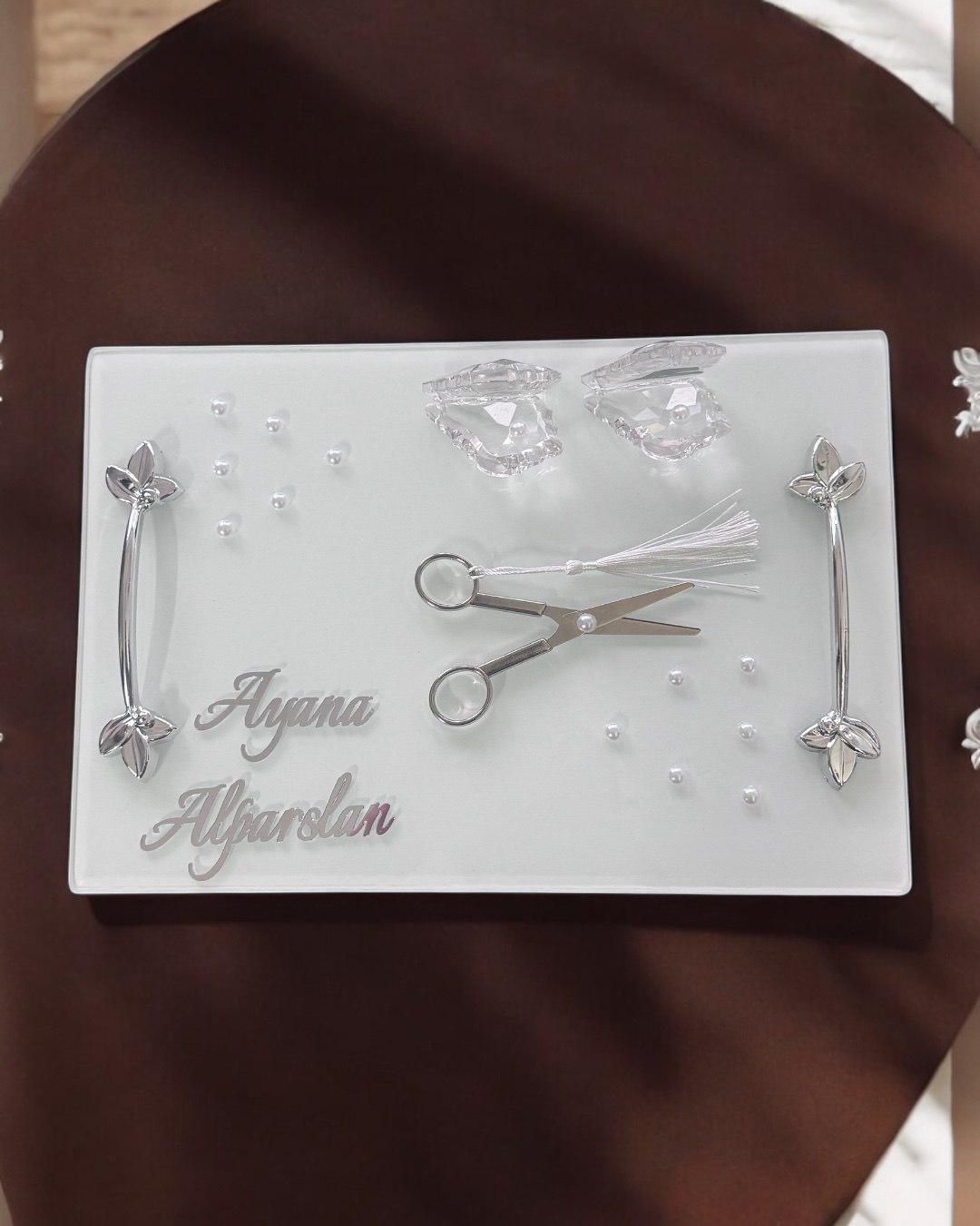 Adore Gümüş Beyaz İncili Söz Tepsisi Nişan Tepsisi ve Damat Kahve