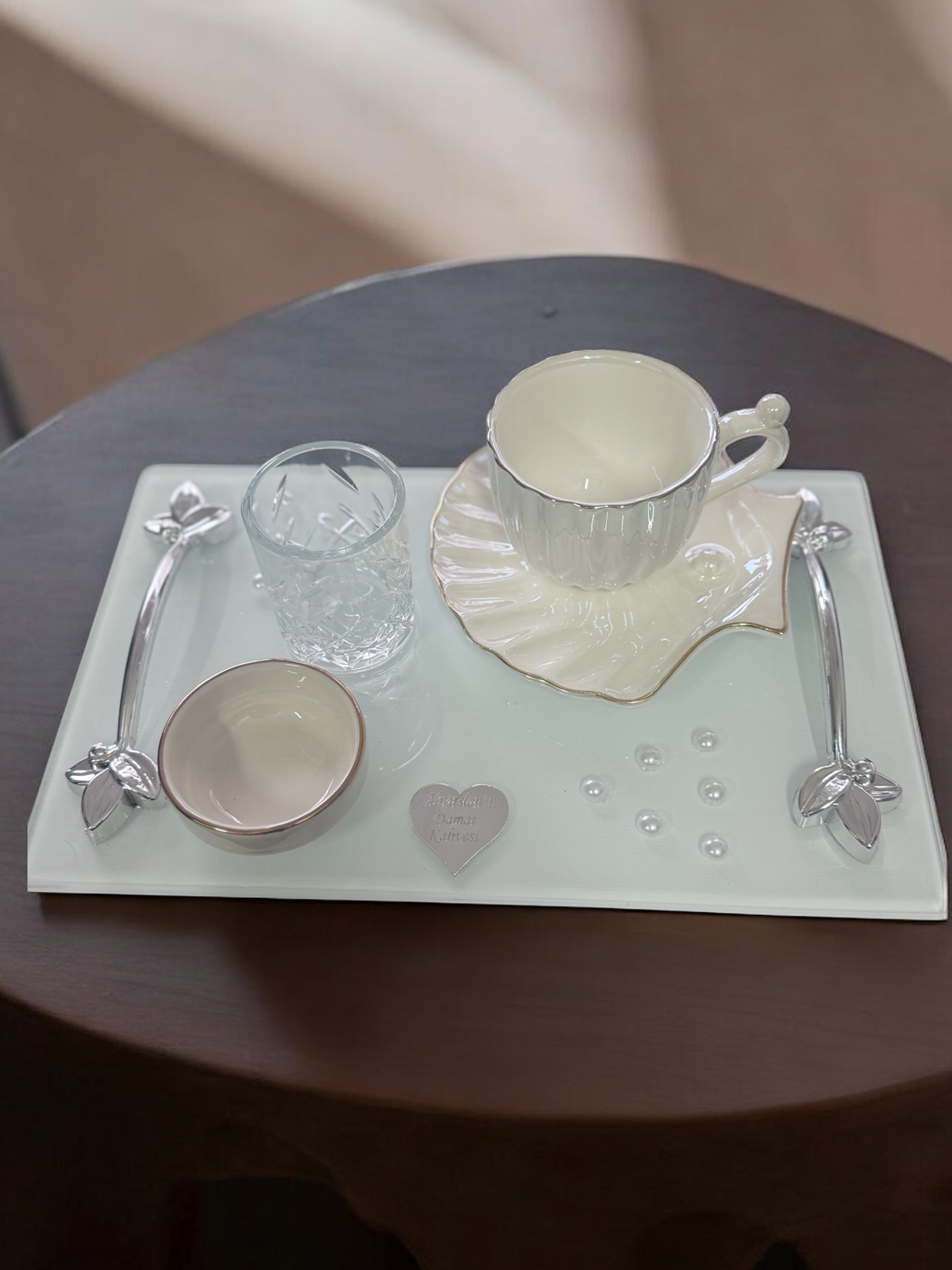 Adore Gümüş İncili Söz Kahve Tepsisi