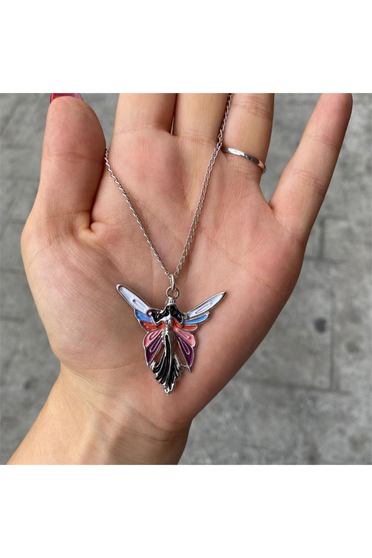 Aesthetic Rainbow Wings Angel Beyaz Zincirli Kolye