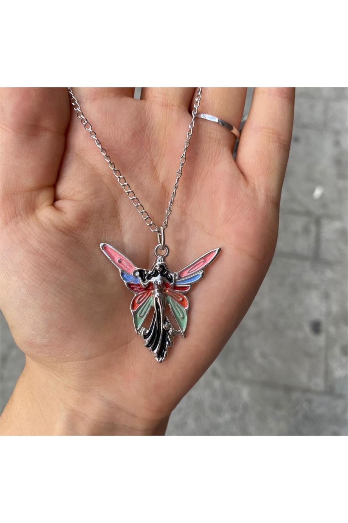 Aesthetic Rainbow Wings Angel Pembe Zincirli Kolye