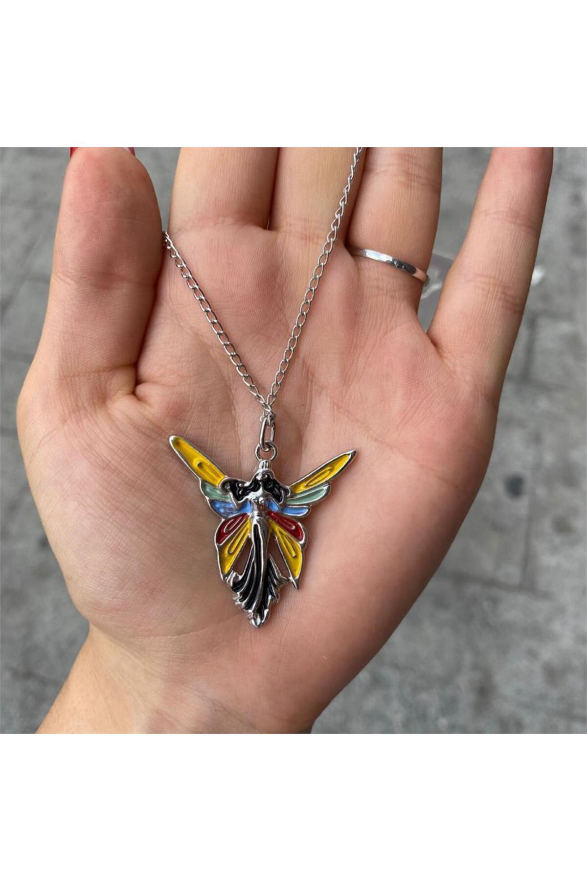 Aesthetic Rainbow Wings Angel Sarı Zincirli Kolye