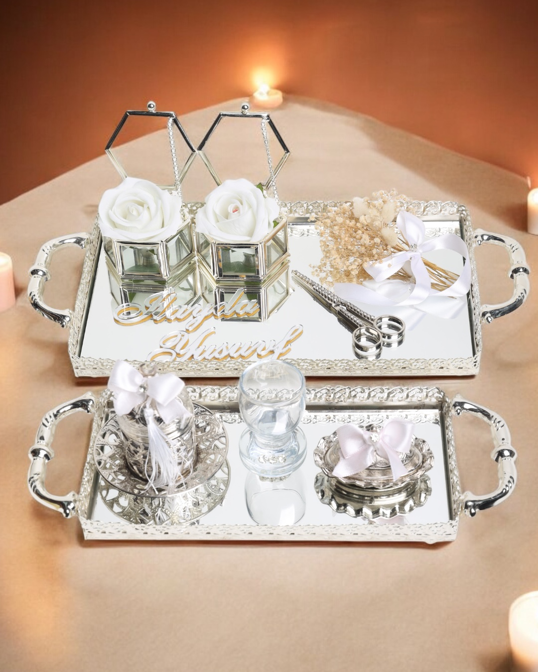 Affection Dantelli Gümüş Söz Nişan Tepsisi ve Damat Kahve Fincan 