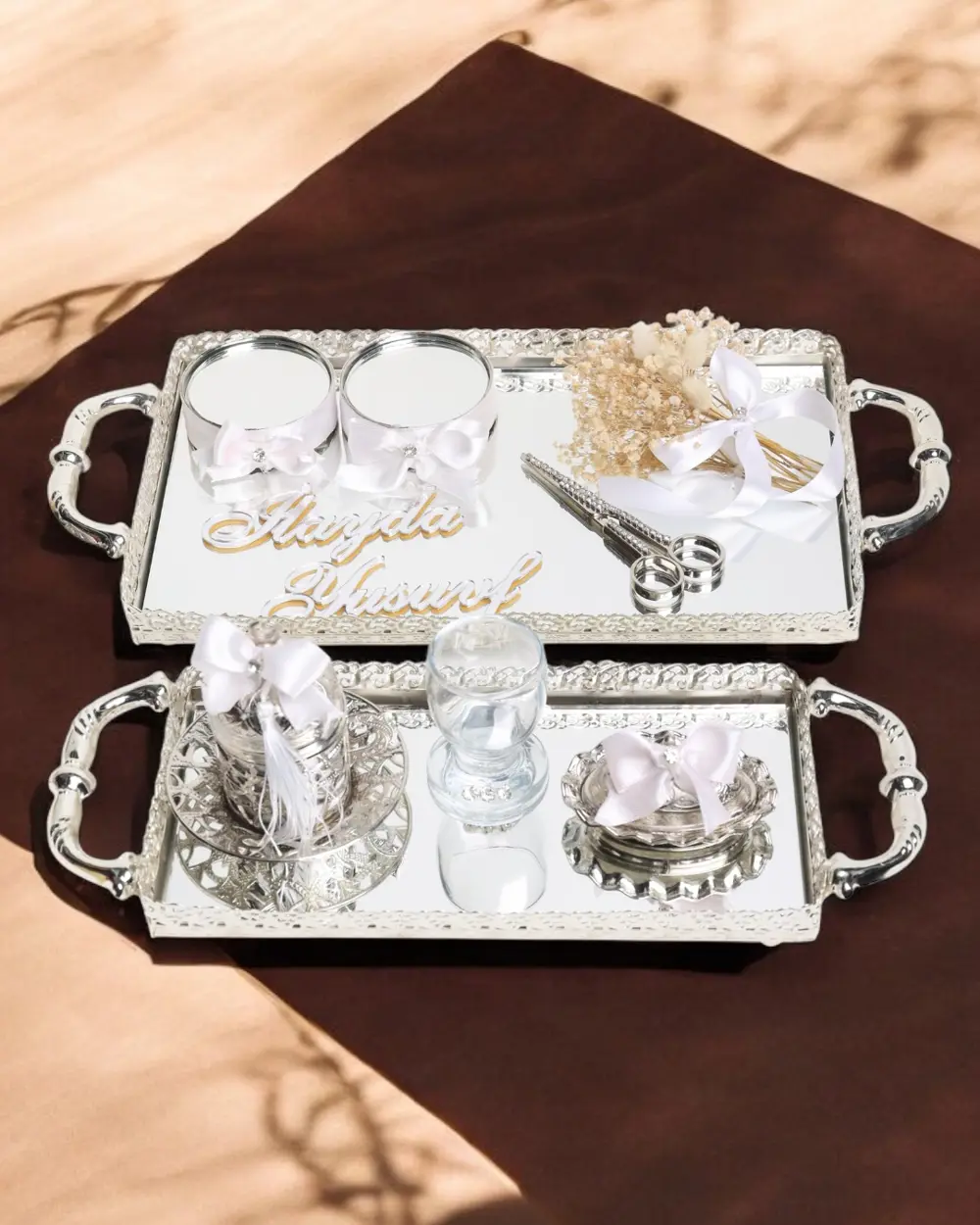 Affection Dantelli Gümüş Söz Nişan Tepsisi ve Damat Kahve Fincan 