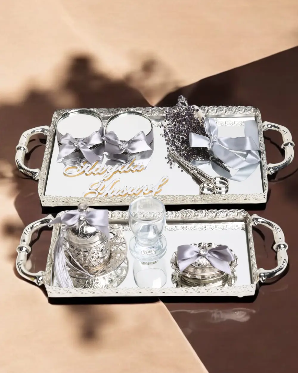 Affection Dantelli Gümüş Söz Nişan Tepsisi ve Damat Kahve Fincan 