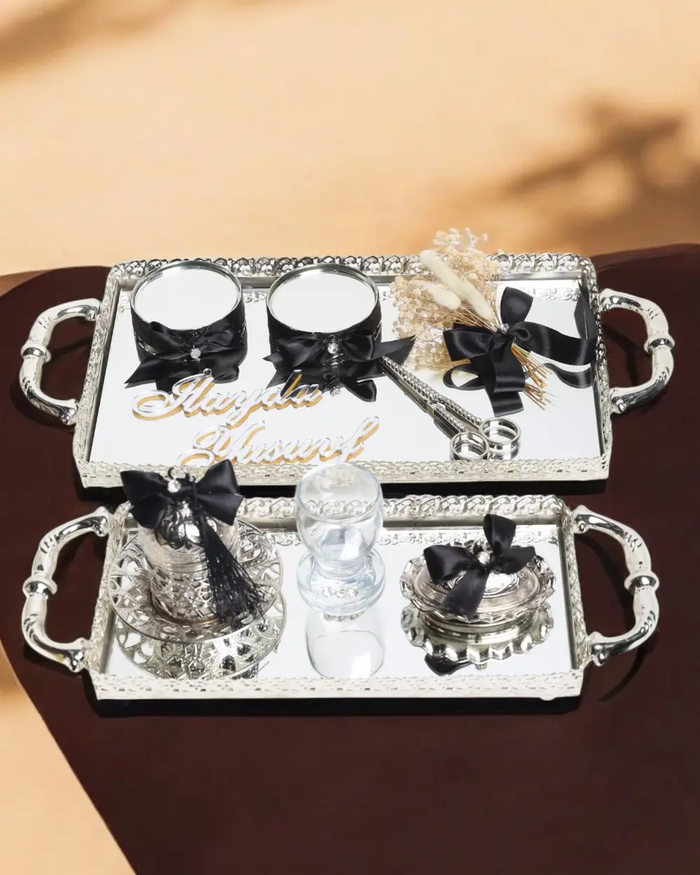 Affection Dantelli Gümüş Söz Nişan Tepsisi ve Damat Kahve Fincan 