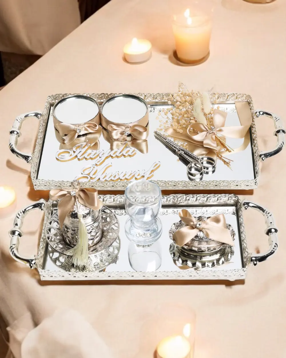Affection Dantelli Gümüş Söz Nişan Tepsisi ve Damat Kahve Fincan 