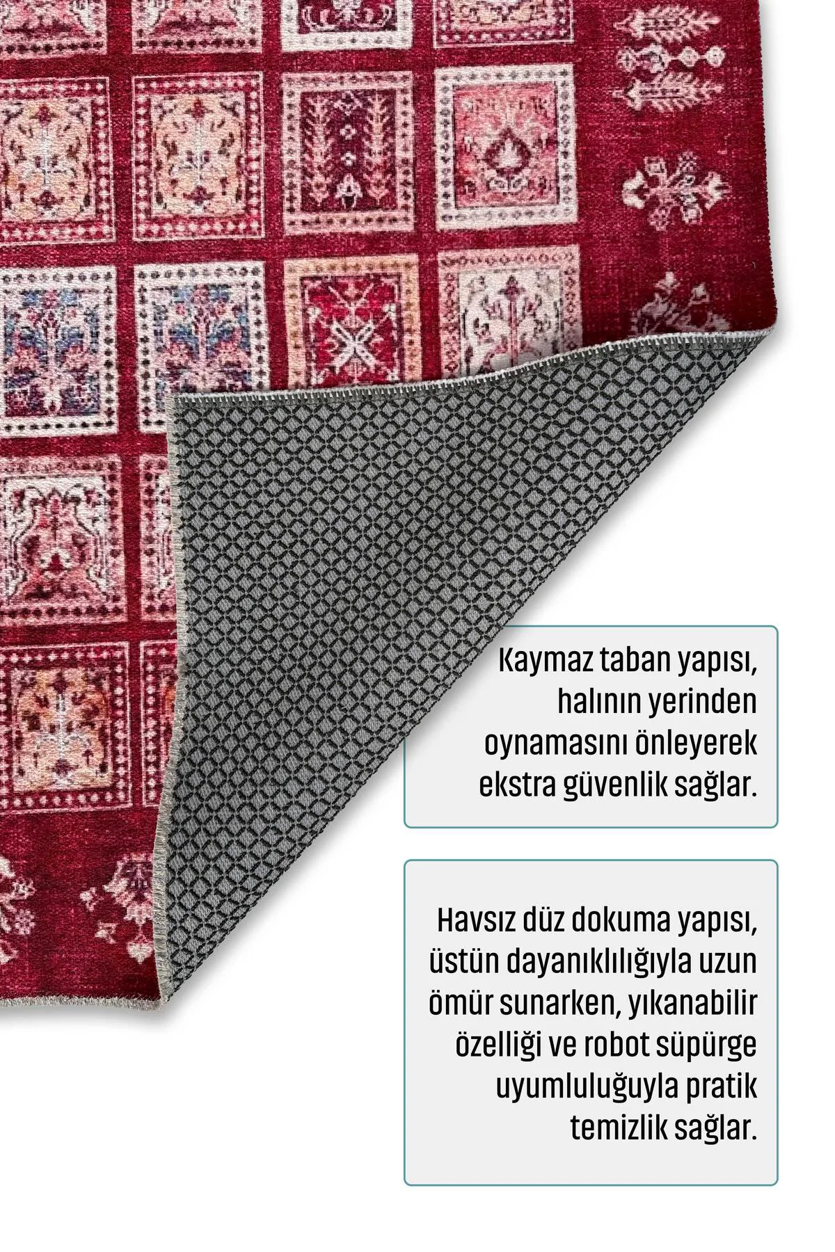 Afgan Kırmızı Mozaik Tasarım Şönil Halı Kilim Yolluk Kaymaz Yıkan