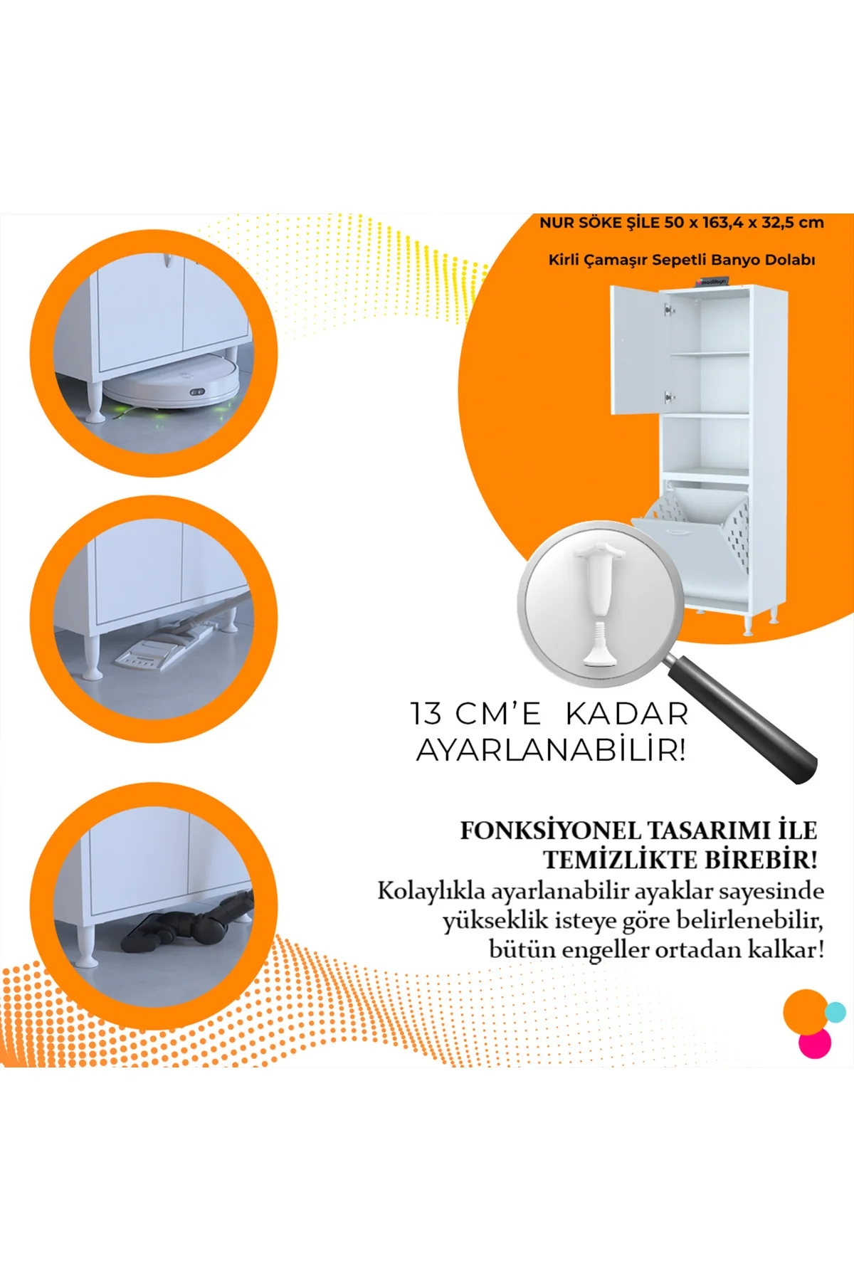Afitap 50 x 160 x 32,5 cm Çamaşır Hazneli Çok Amaçlı Banyo Dolabı