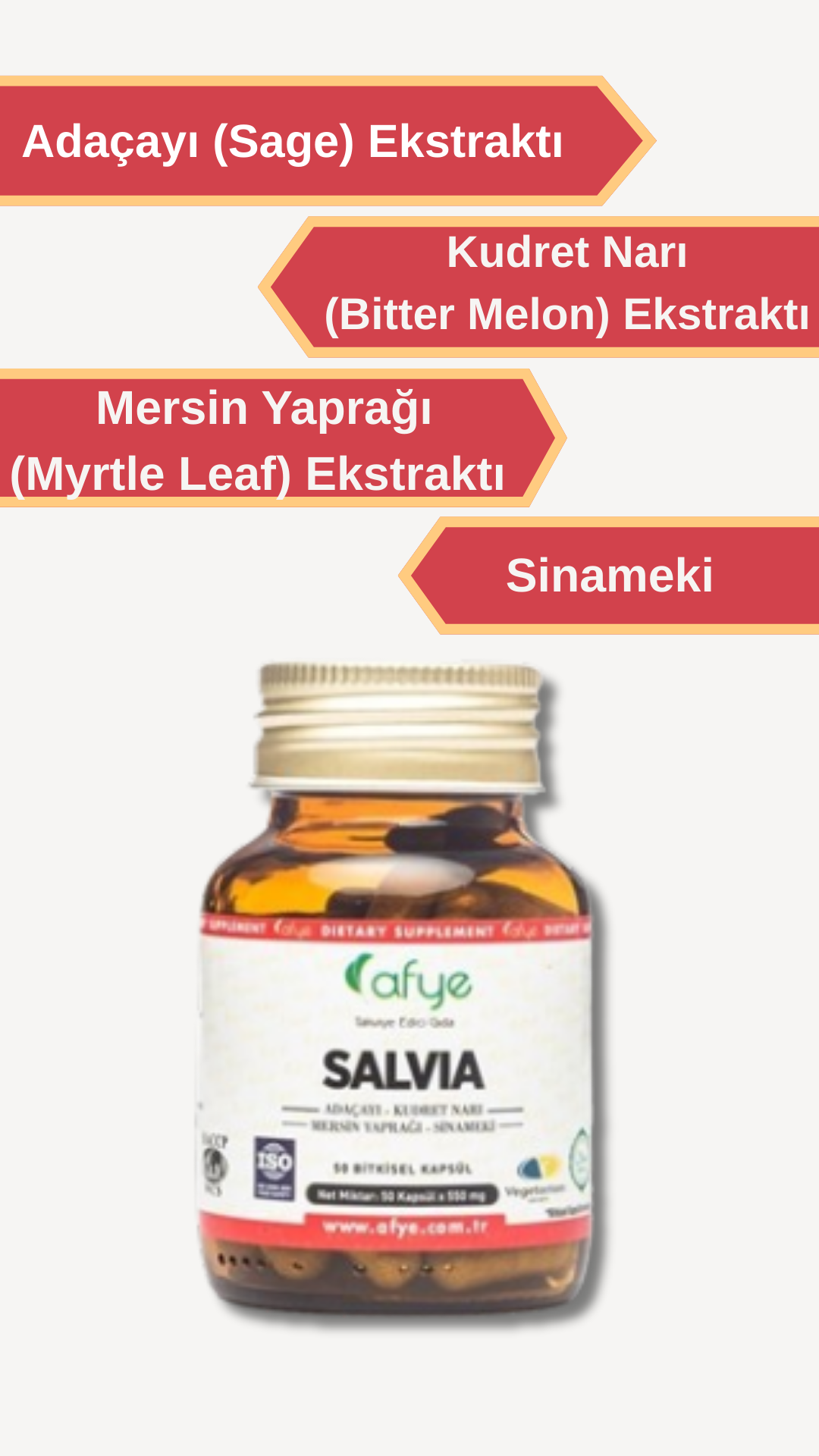 Afye Salvia ( Adaçayı ,kudret Narı , Mersin Yaprağı,sinameki ) 50 Kapsül