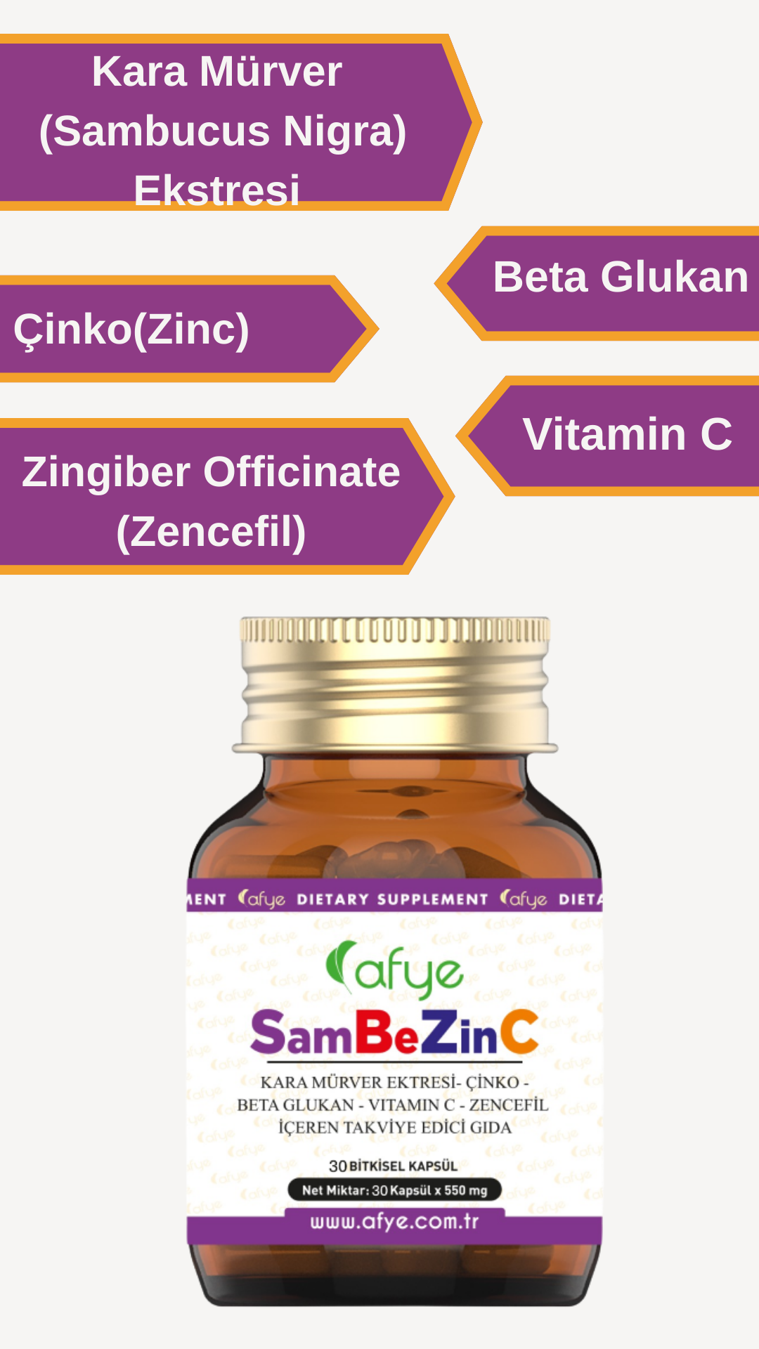 Afye SamBeZinC  ( Sambucus Nigra +Beta Glukan +Çinko(Zinc) + Vitamin C+ Zencefil) 30 Kapsül