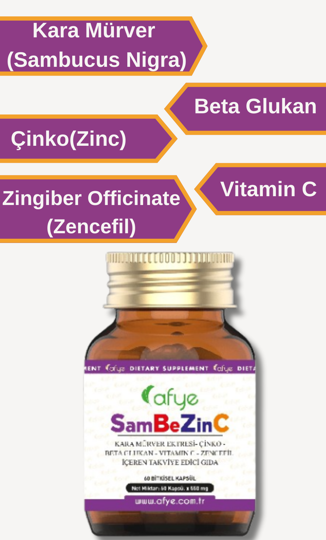 Afye SamBeZinC ( Sambucus Nigra +Beta Glukan +Çinko(Zinc) + Vitamin C+ Zencefil) 60 Kapsül