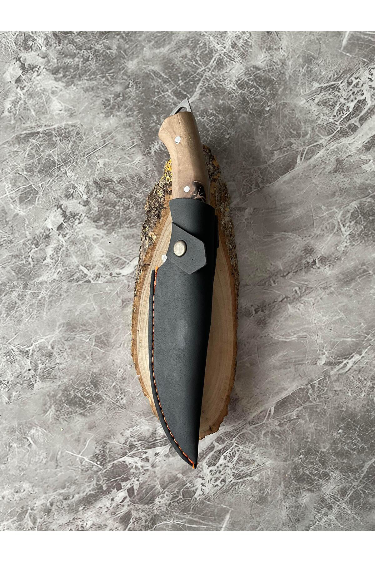 Ağaç Desenli Kamp Bıçağı – Ceviz Kabze, Kılıflı, Cam-Buz Kırmalı 