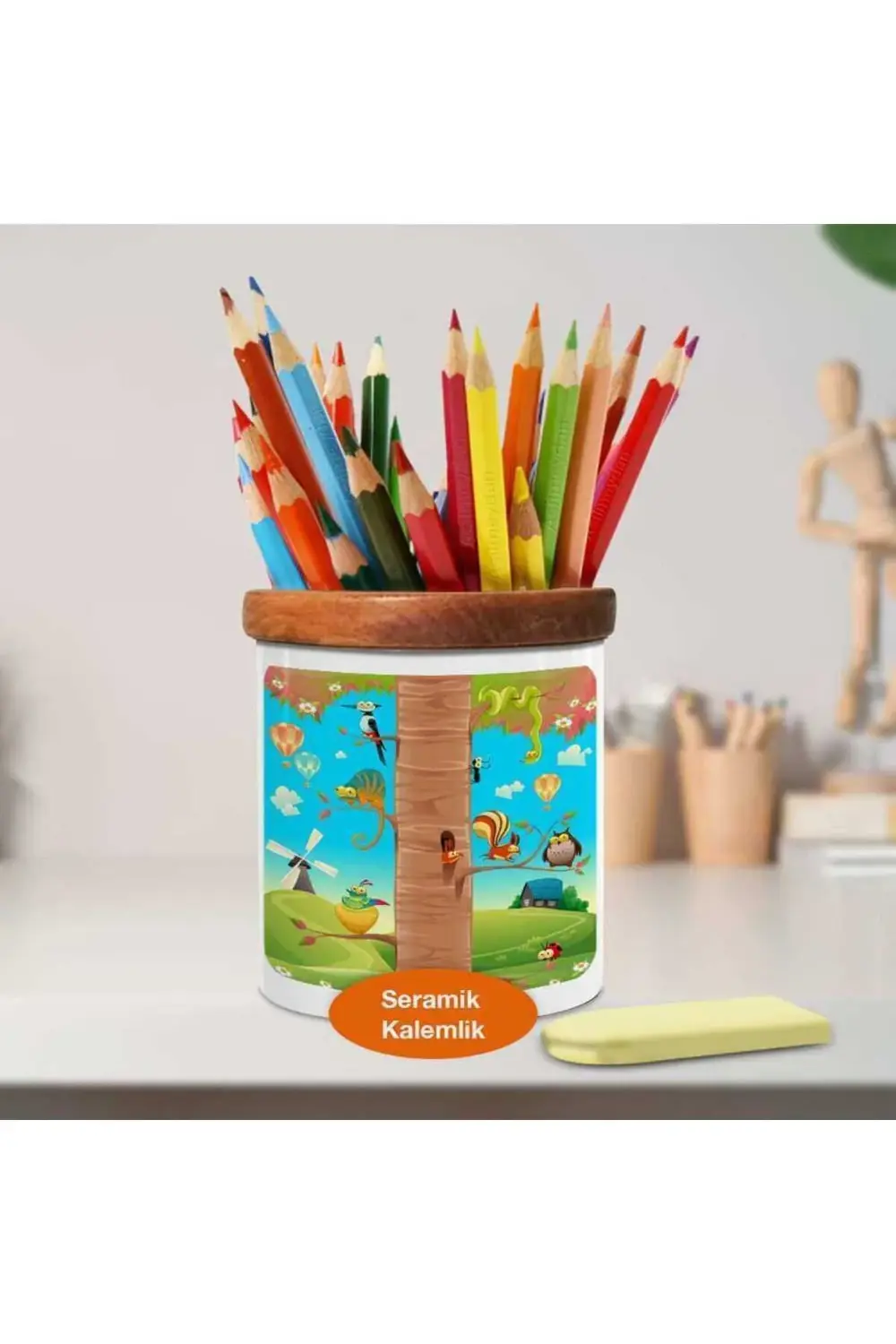 Ağaçta Tropikal Hayvanlar Ahşap Seramik Kalemlik - 1196-297
