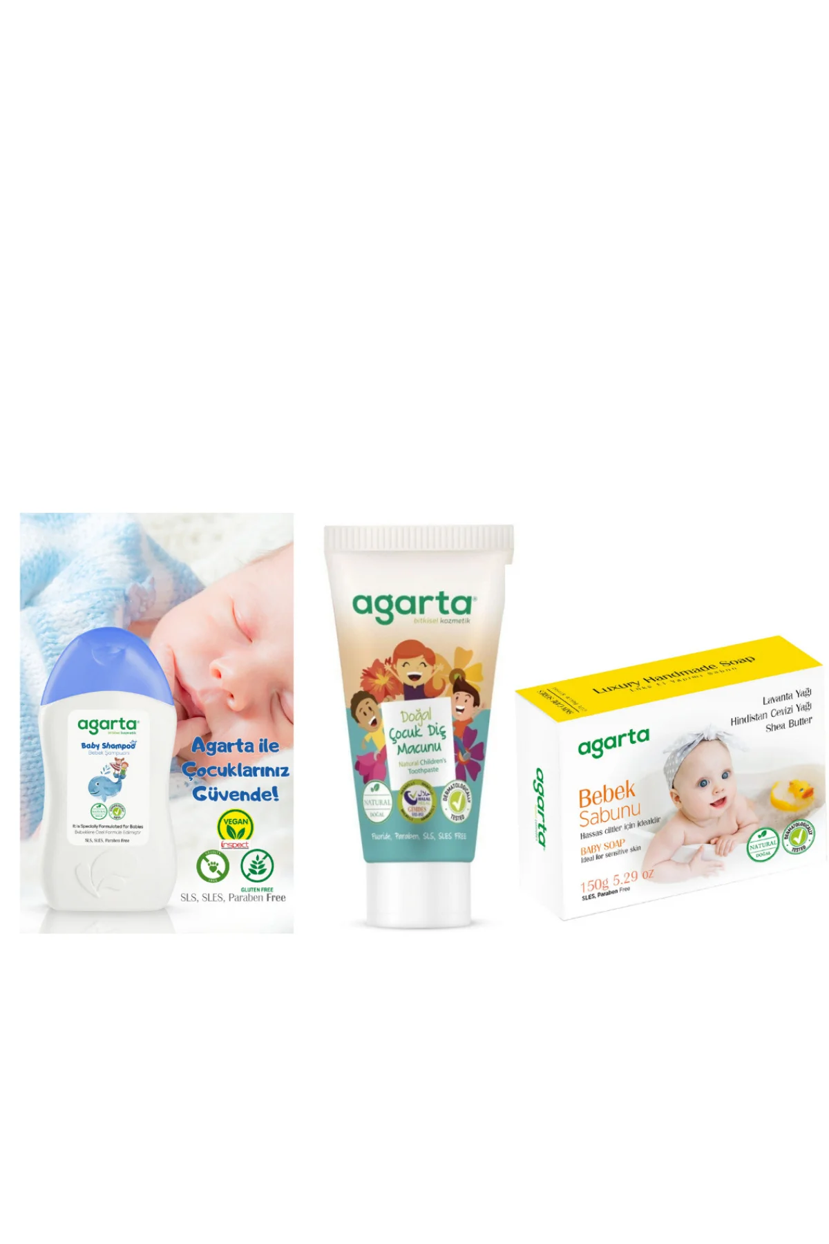 Agarta Doğal Erkek Bebek Şampuanı 400 ml + Çocuk Diş Macunu 75 ml +Bebek Sabunu 150 gr
