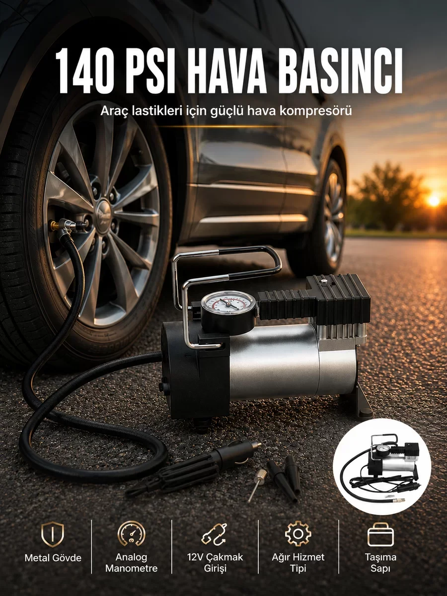 Ağır Hizmet Tipi Oto Kompresör 140 PSI Manometreli - Sürüş Güvenliği İçin Gelişmiş Lastik Hava Basıncı Cihazı