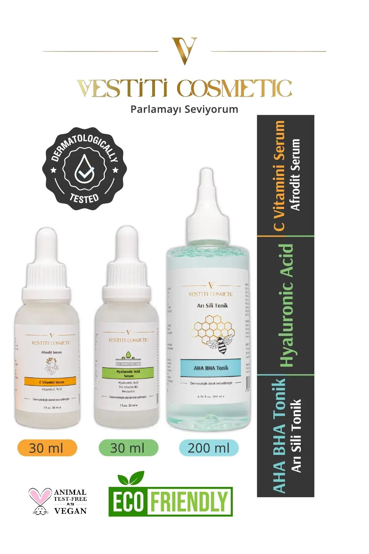 AHA BHA Tonik - Hyaluronic Acid Serum - C Vitamini Serum 3’lü Set