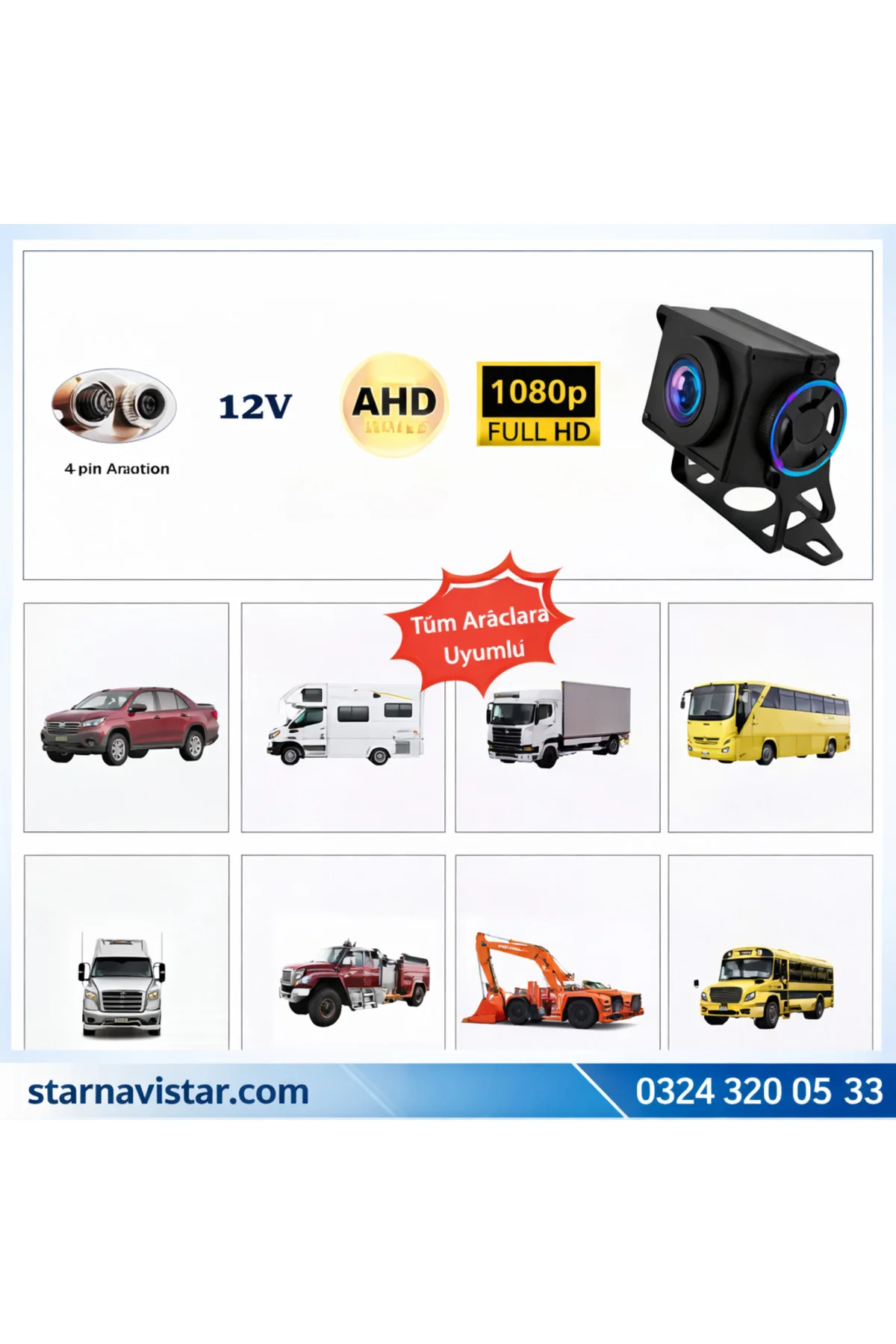 AHD 1080P ve 720P Geniş Açılı Balıkgözü Gece Görüşlü Araç Kameras