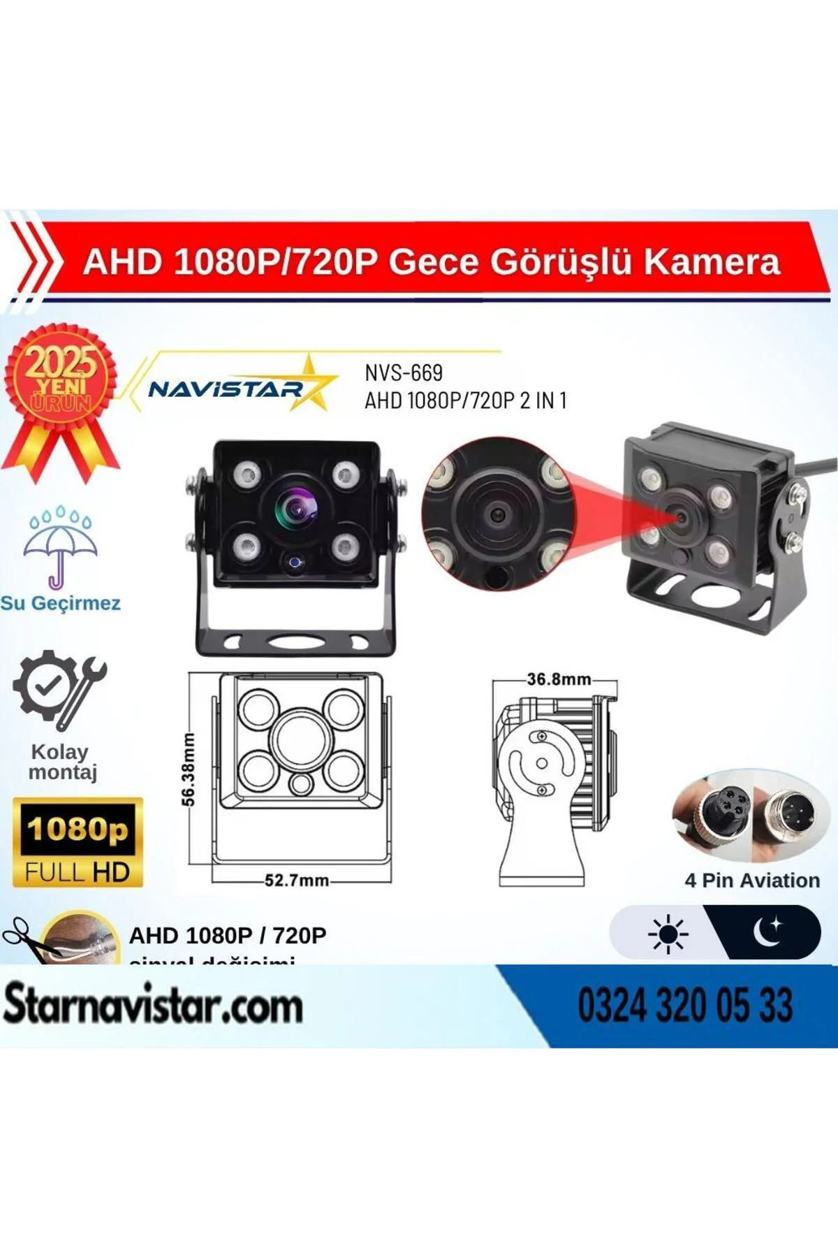 AHD 1080P/720P Orta Boy Gece Görüşlü 4 Pin Soketli Kamyon Tır Oto