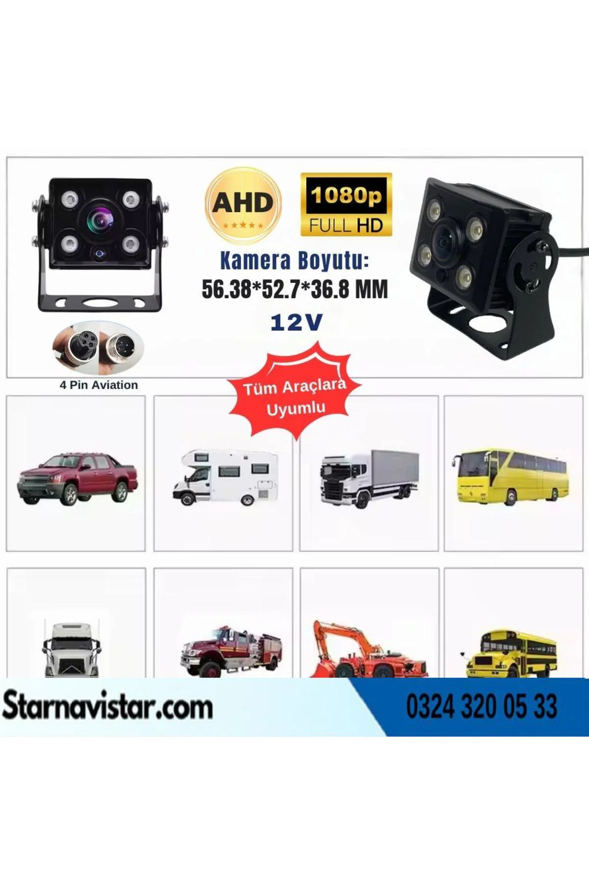 AHD 1080P/720P Orta Boy Gece Görüşlü 4 Pin Soketli Kamyon Tır Oto