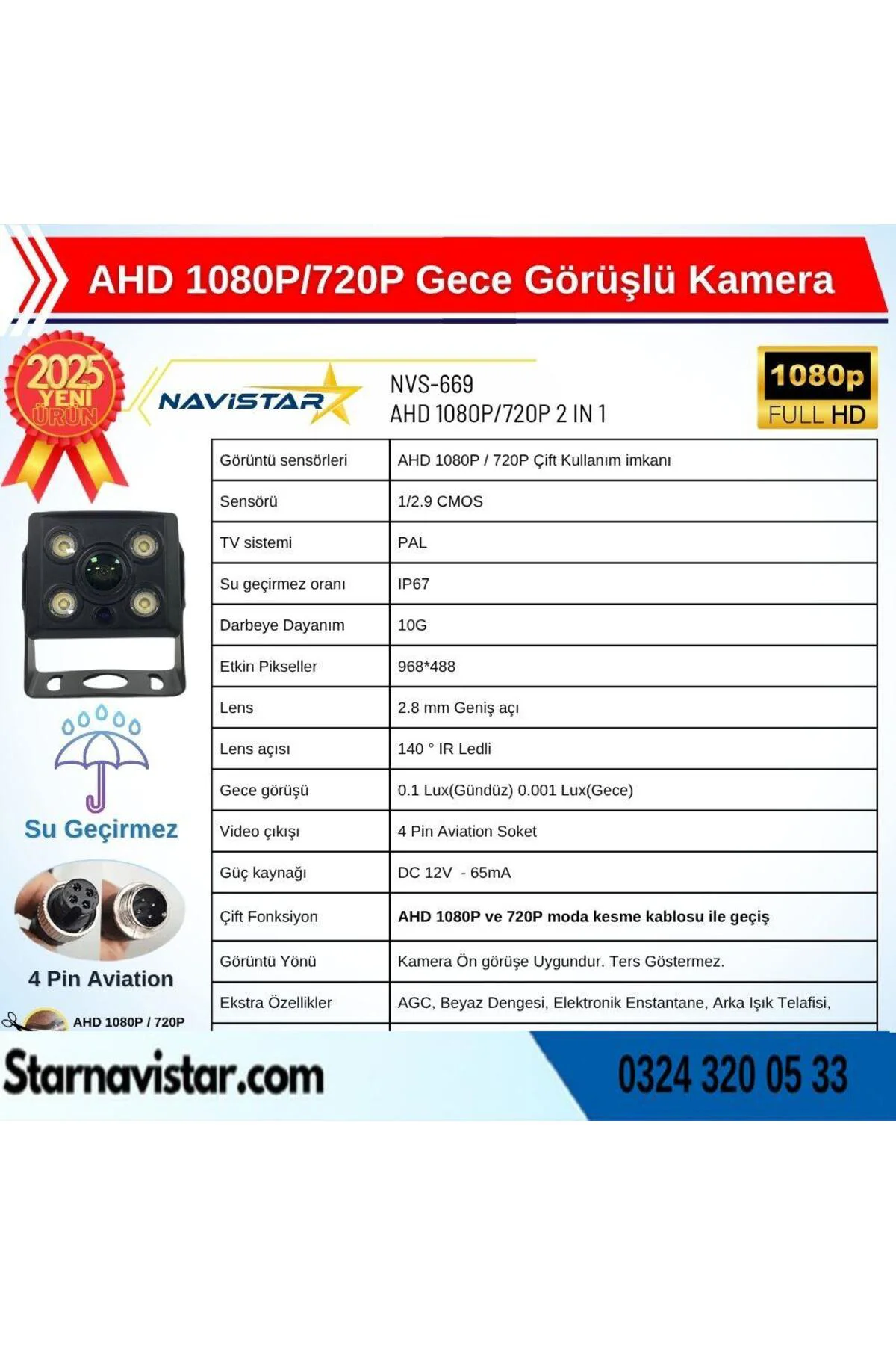 AHD 1080P/720P Orta Boy Gece Görüşlü 4 Pin Soketli Kamyon Tır Oto