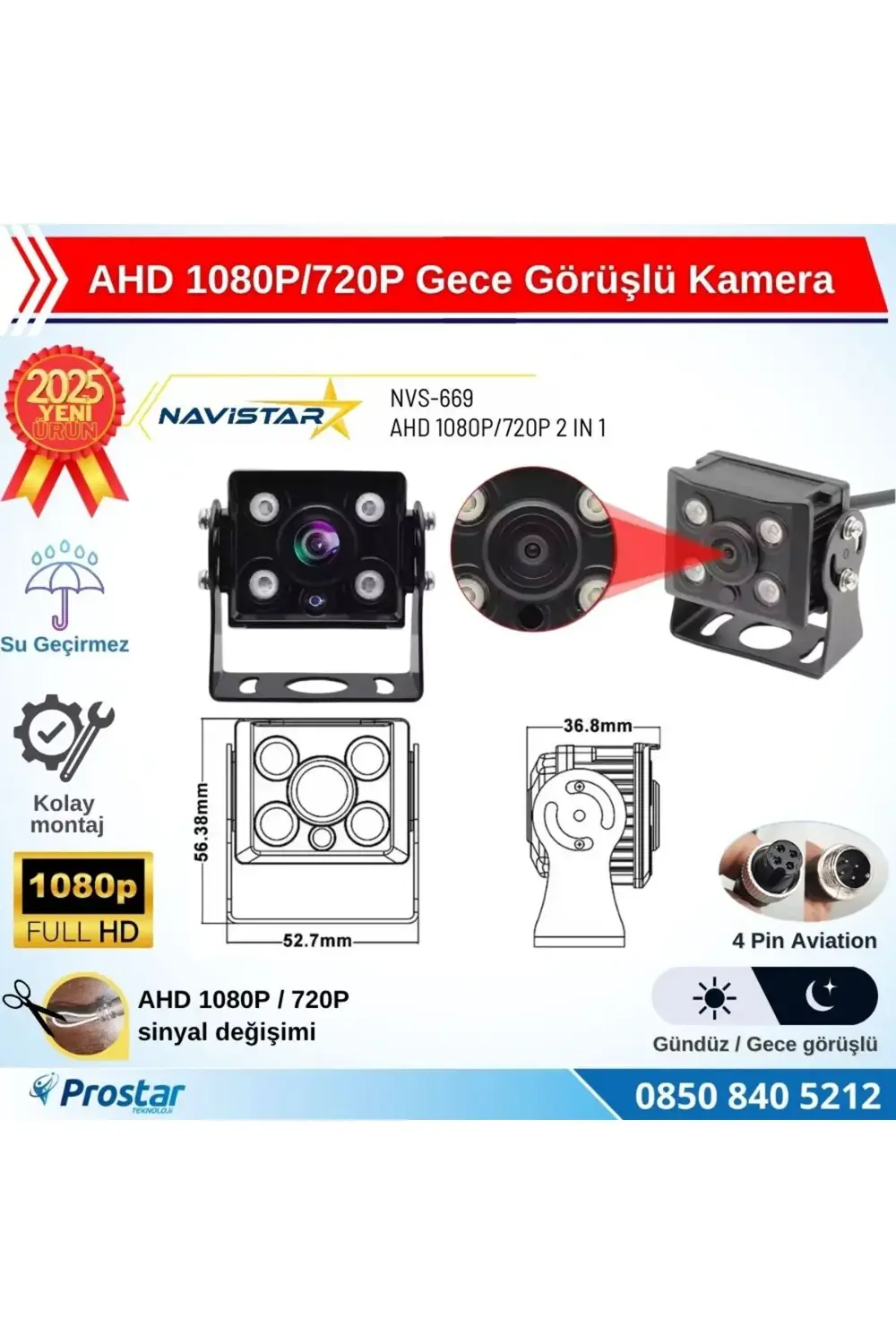 AHD 1080P/720P Orta Boy Gece Görüşlü 4 Pin Soketli Kamyon Tır Oto