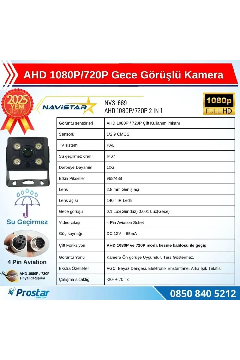 AHD 1080P/720P Orta Boy Gece Görüşlü 4 Pin Soketli Kamyon Tır Oto