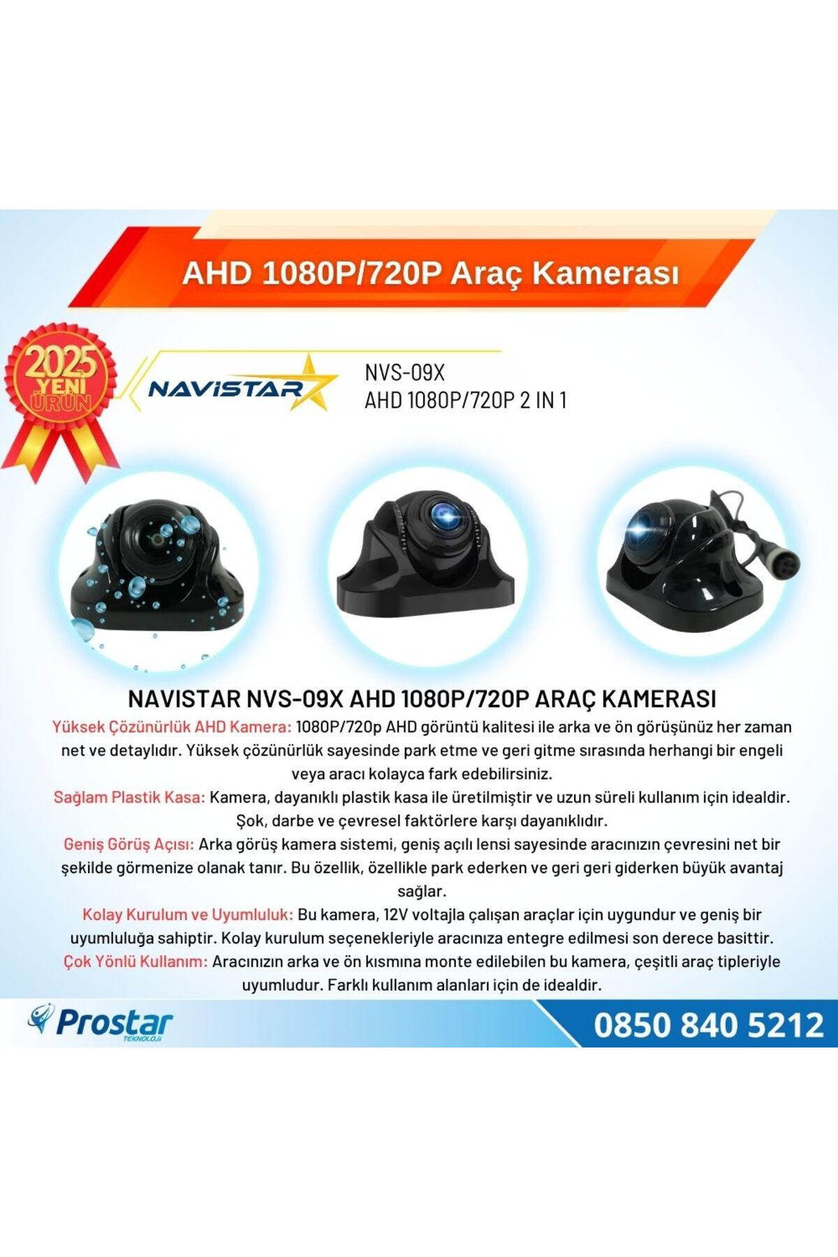 Navistar Ahd 1080P/720P Plastik Kolay Montaj Gece Görüşlü Araç Kamerası