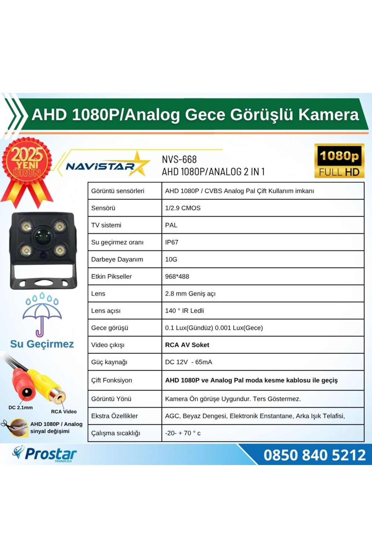 Navistar Ahd 1080P/Analog Orta Boy Gece Görüşlü Rca Av Soketli Kamyon Tır