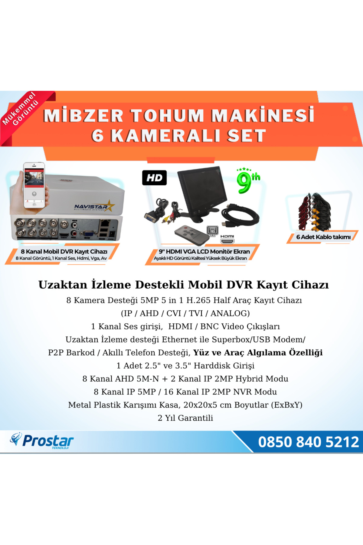 Navistar Ahd 720P 6 Kameralı Mibzer Havalı Tohum Makinesi 9 İnç Hdmi Monit