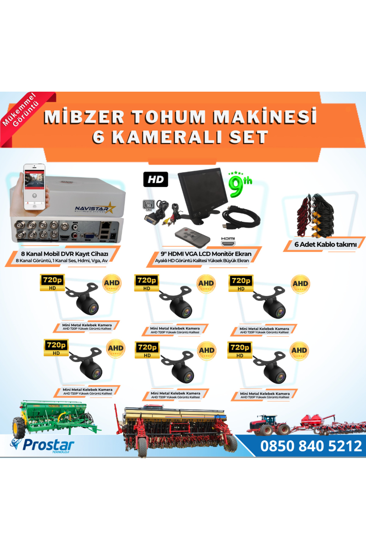 Navistar Ahd 720P 6 Kameralı Mibzer Havalı Tohum Makinesi 9 İnç Hdmi Monit