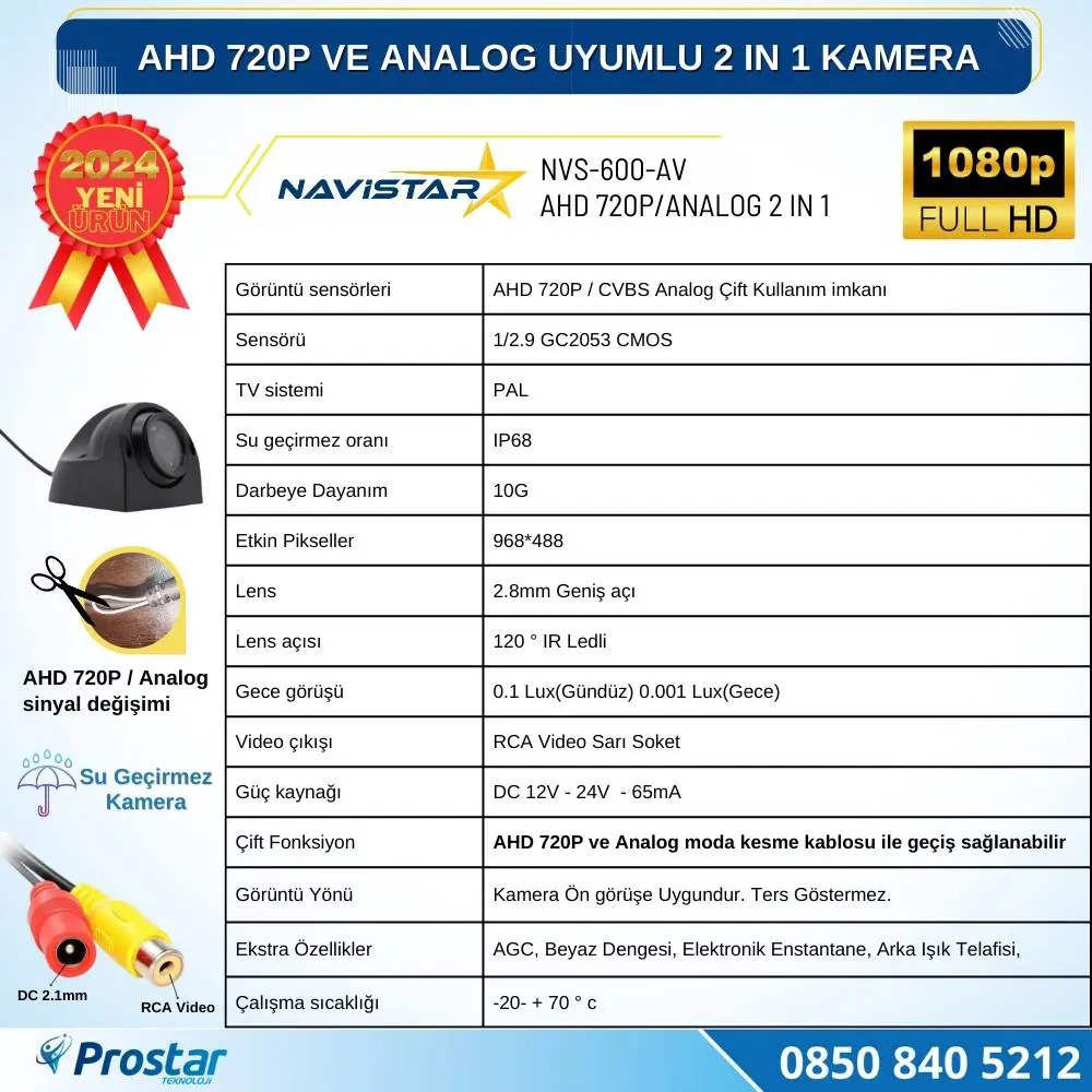 AHD 720P ve Analog Pal Uyumlu Gece Görüşlü Yan, Ön ve Arka Uyumlu