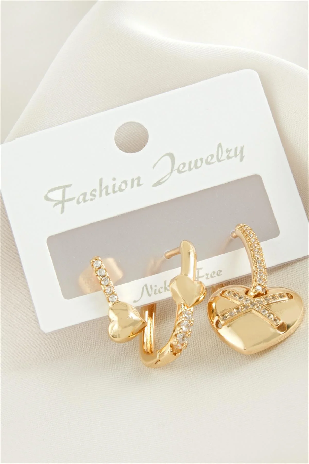 AhEs Shopping 3 Adet Kalp Zirkon Taşlı Küpe