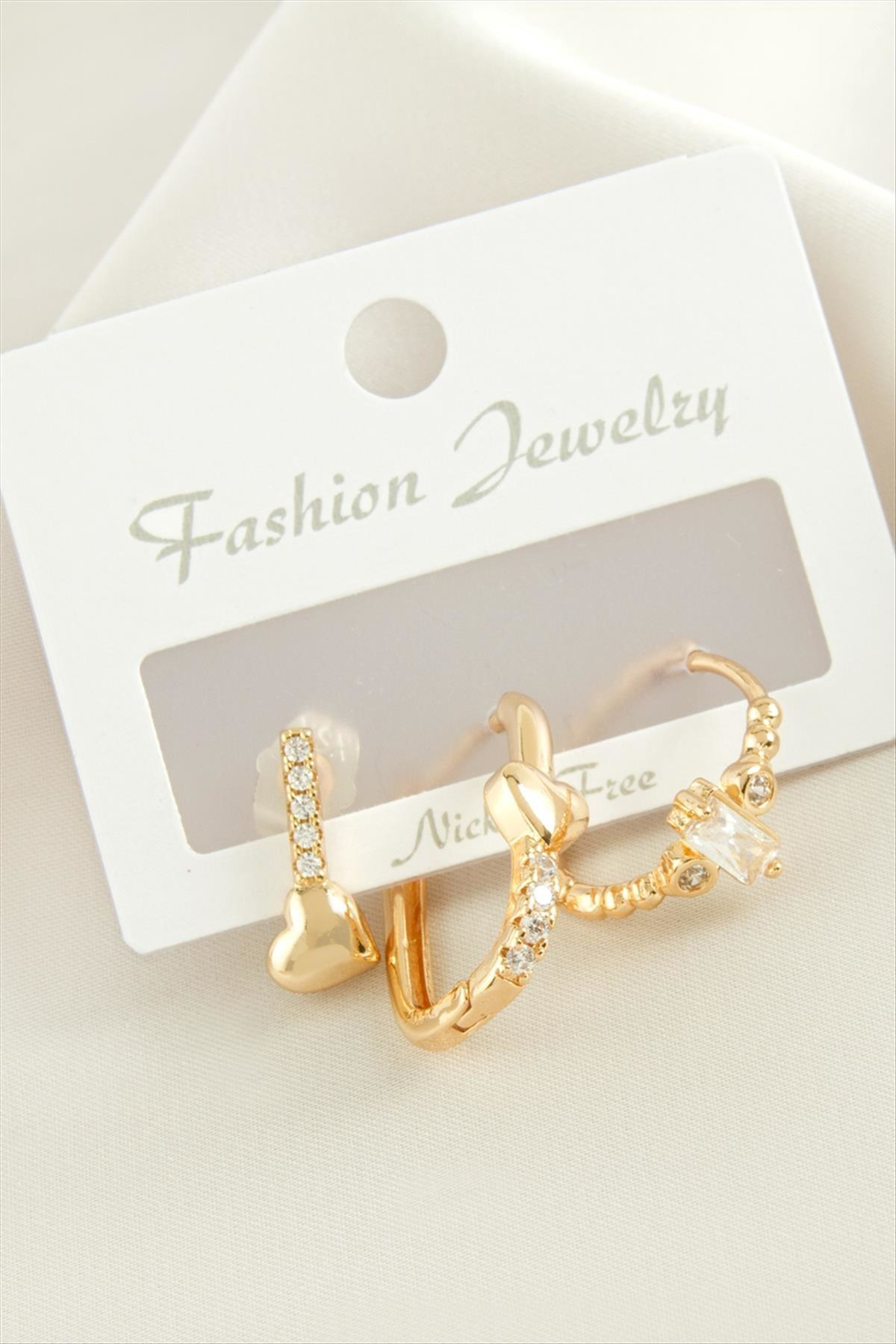 AhEs Shopping 3 Adet Kalp Zirkon Taşlı Küpe