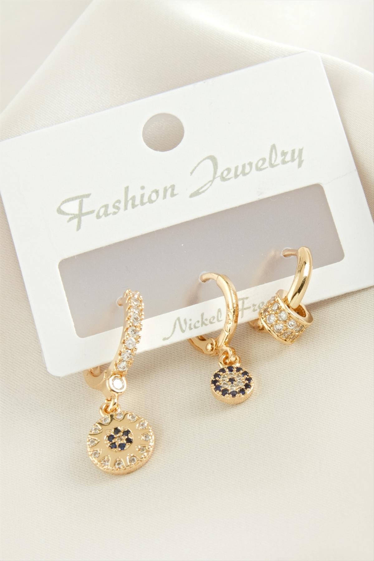 AhEs Shopping 3 Adet Nazar Zirkon Taşlı Küpe