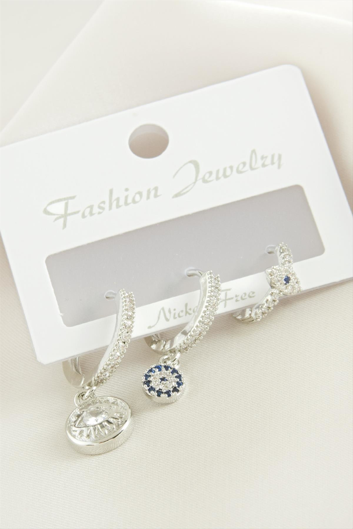 AhEs Shopping 3 Adet Göz Zirkon Taşlı Küpe