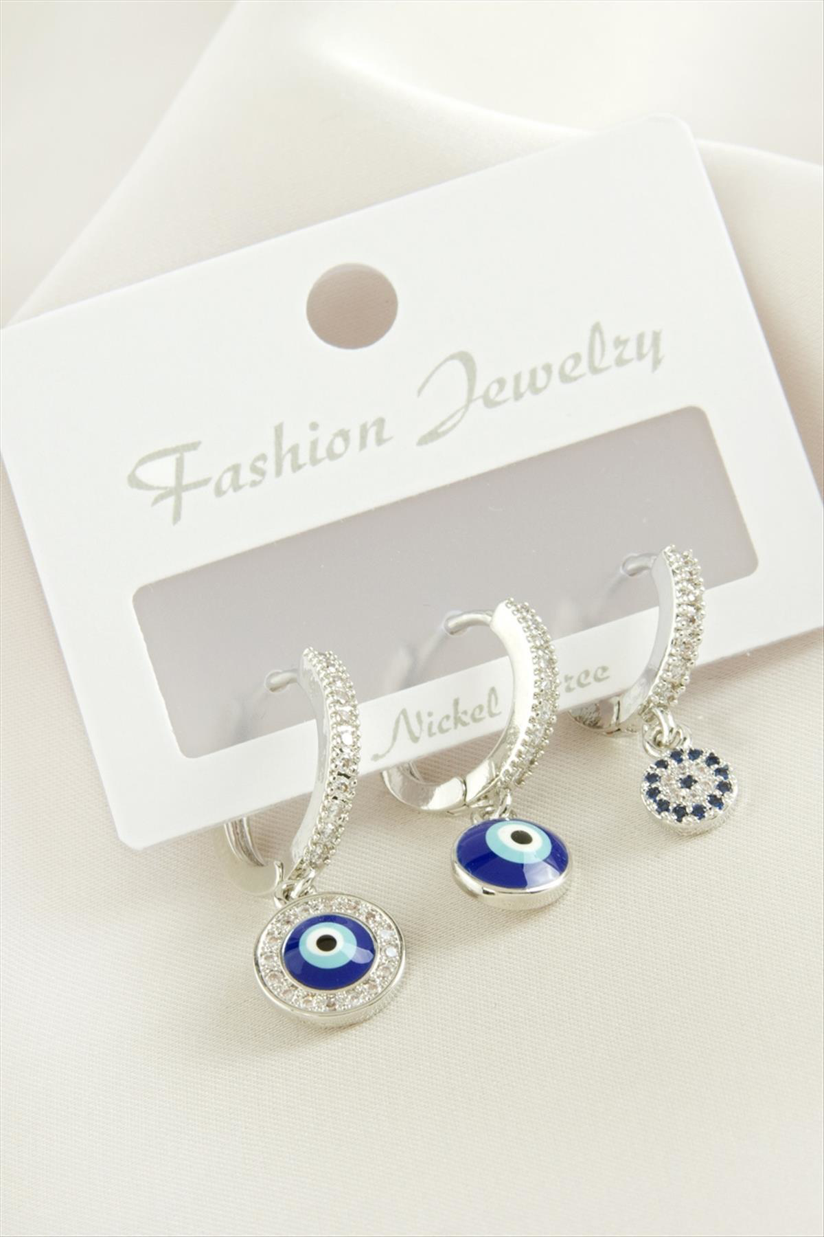 AhEs Shopping 3 Adet Nazar Zirkon Taşlı Küpe