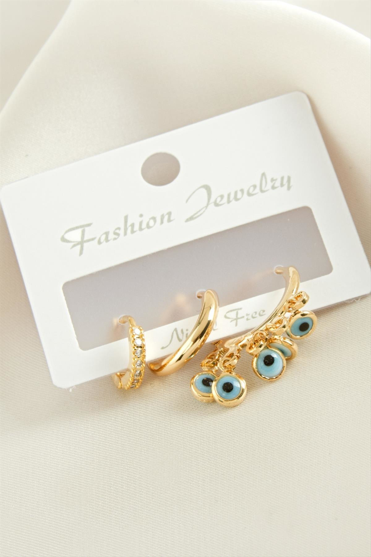 AhEs Shopping 3 Adet Nazar Zirkon Taşlı Küpe