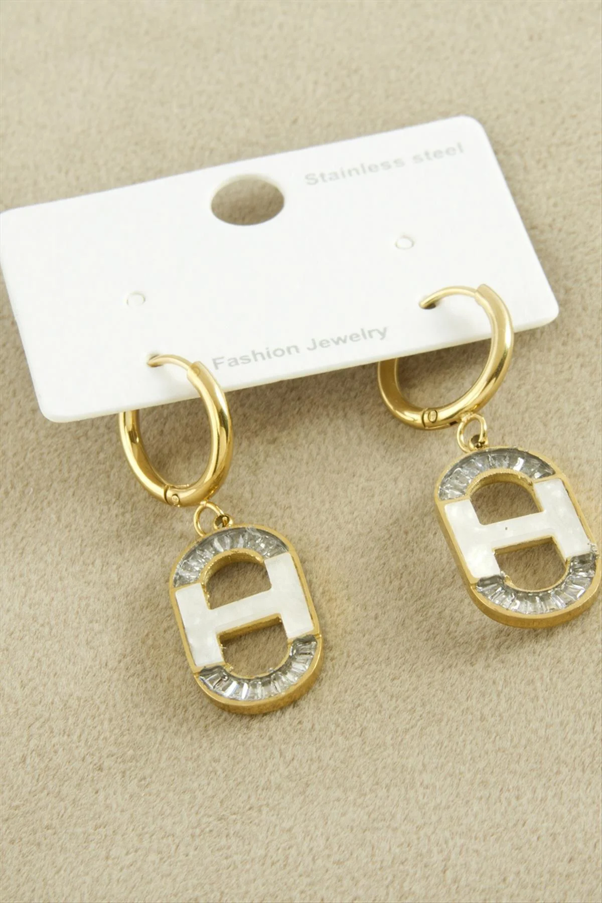 AhEs Shopping Oval Zirkon Taşlı Lüks Çelik Küpe