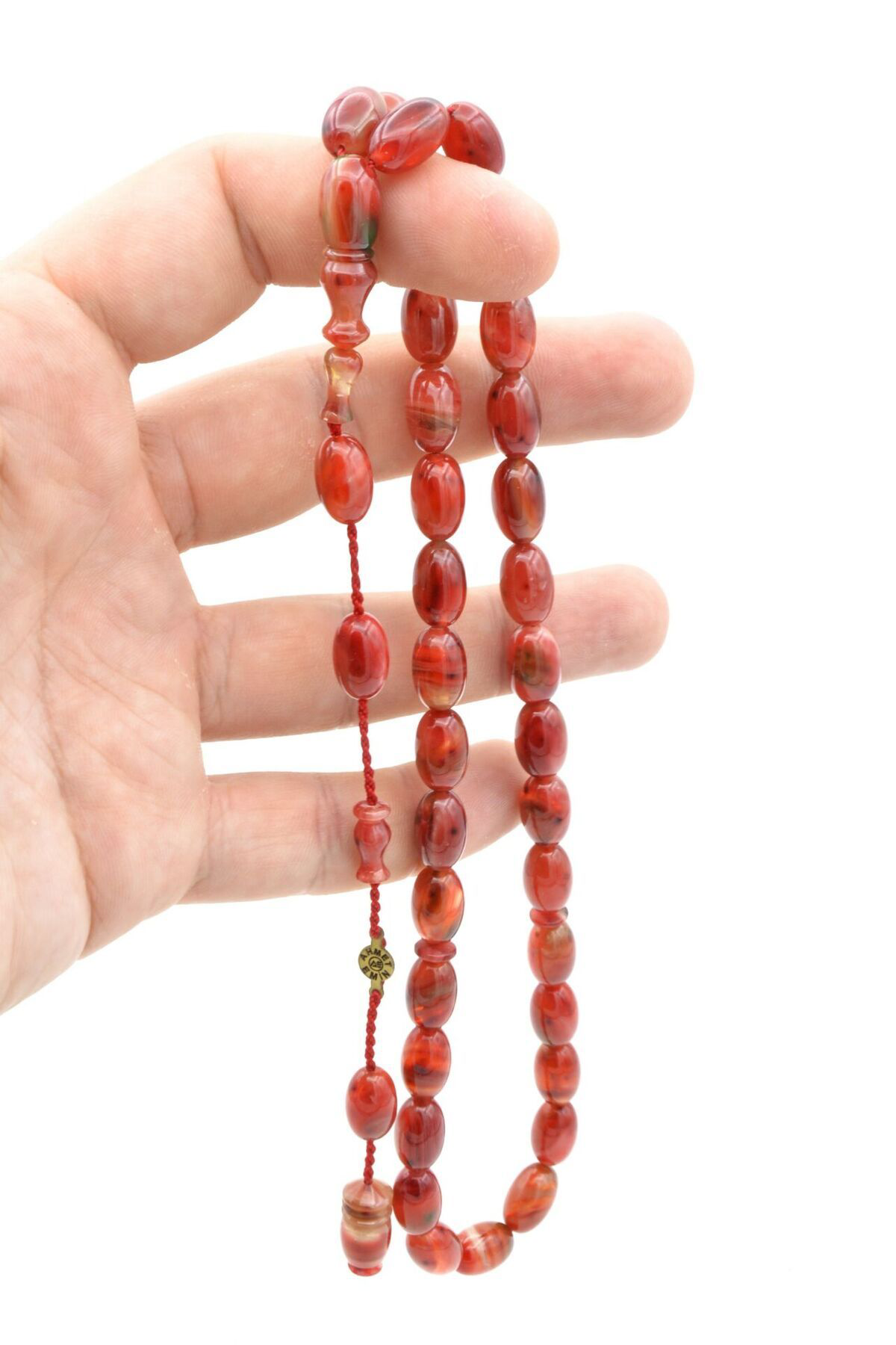 Murty99 Ahmet Emin İmzali Badem Kesim Hareli Kirmizi Sikma Kehribar Tesbih