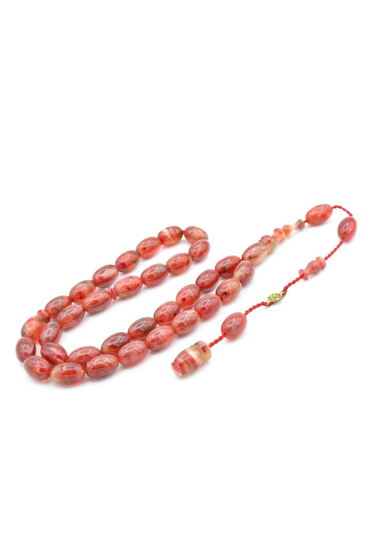 Murty99 Ahmet Emin İmzali Badem Kesim Hareli Kirmizi Sikma Kehribar Tesbih