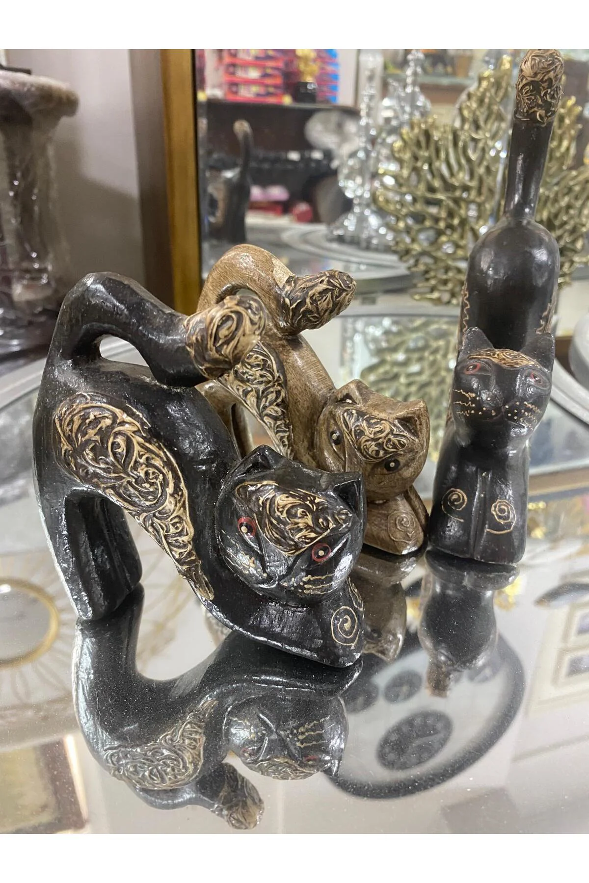 Ahşap 3 Lü Kuyruğu Havada Kedi Biblosu