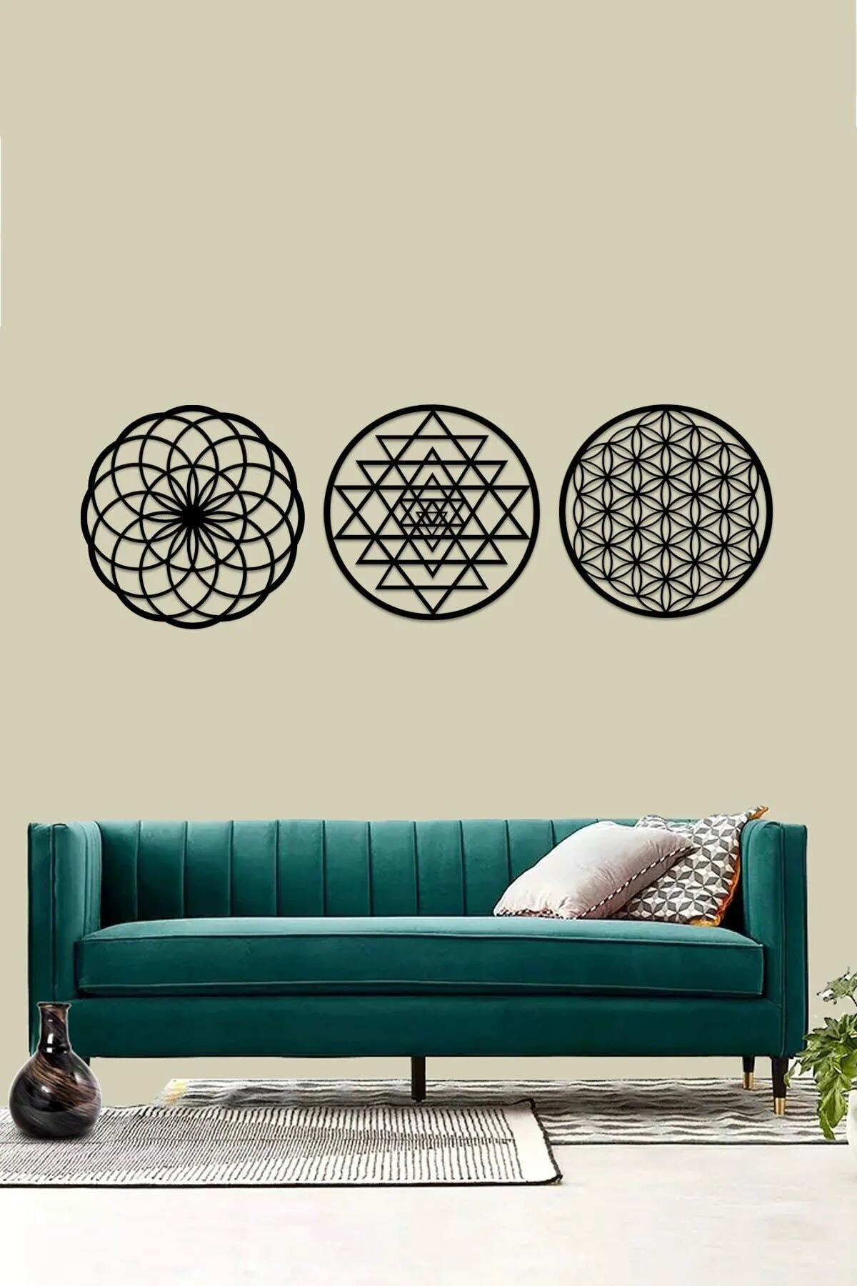 Ahşap 3 Mm Mdfyaşam Çiçeği Sri Yantra Ve Torus 3'lü Set Duvar Tab