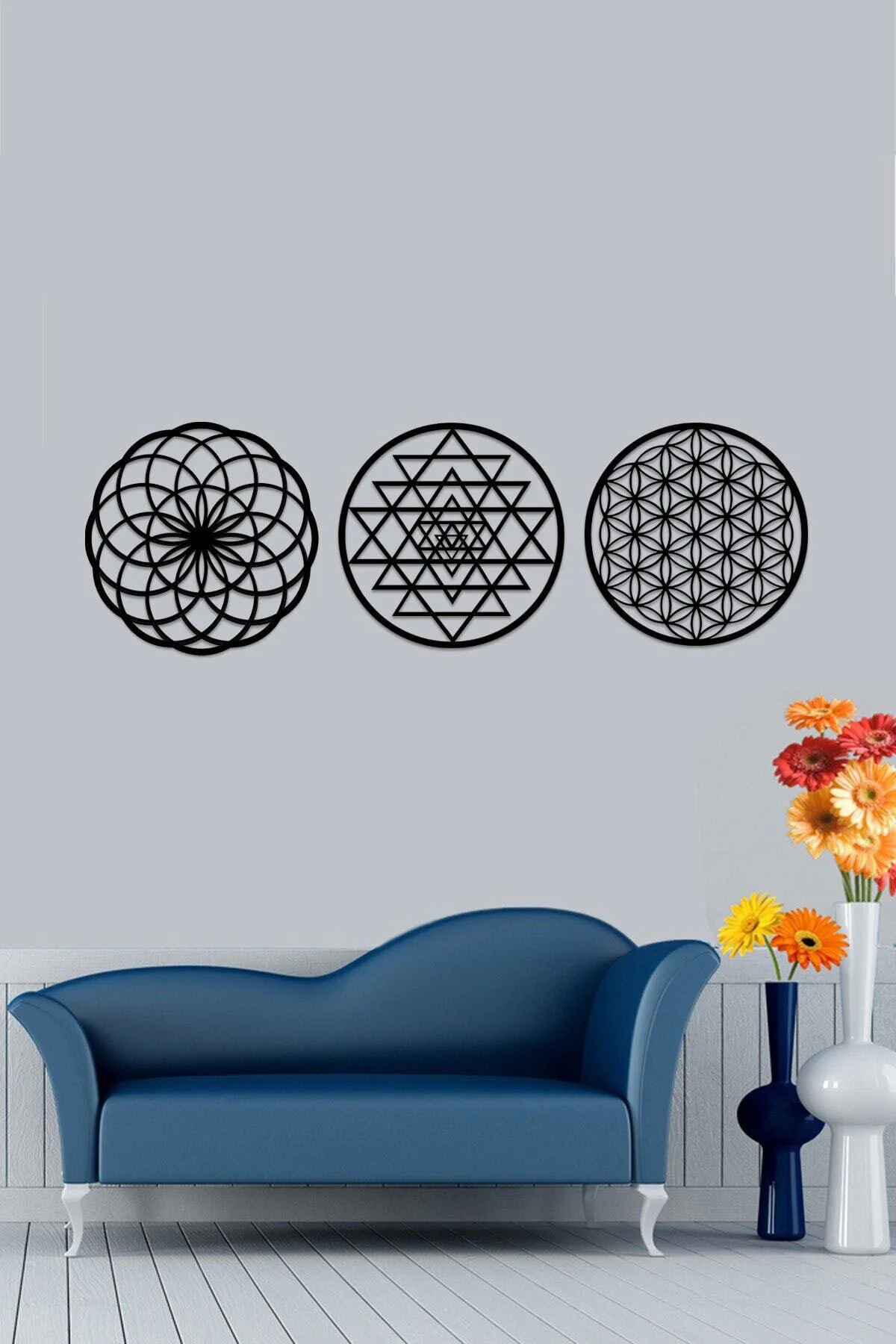 Ahşap 3 Mm Mdfyaşam Çiçeği Sri Yantra Ve Torus 3'lü Set Duvar Tab