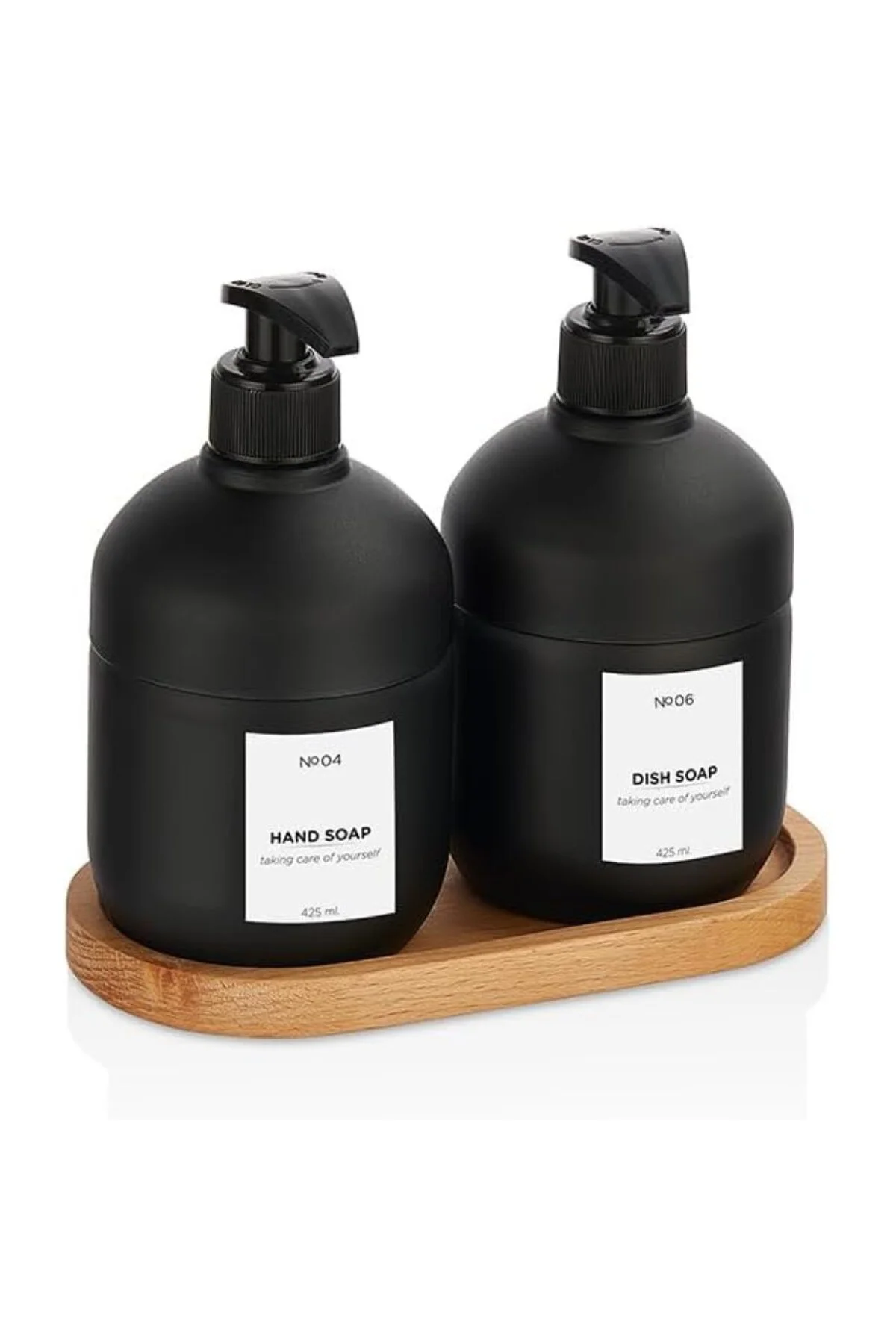 Ahşap Altlıklı Cam Sıvı Sabunluk Seti, Siyah Mat Cam, El ve Bulaşık Sabunu, 425 ml, 2 Parça
