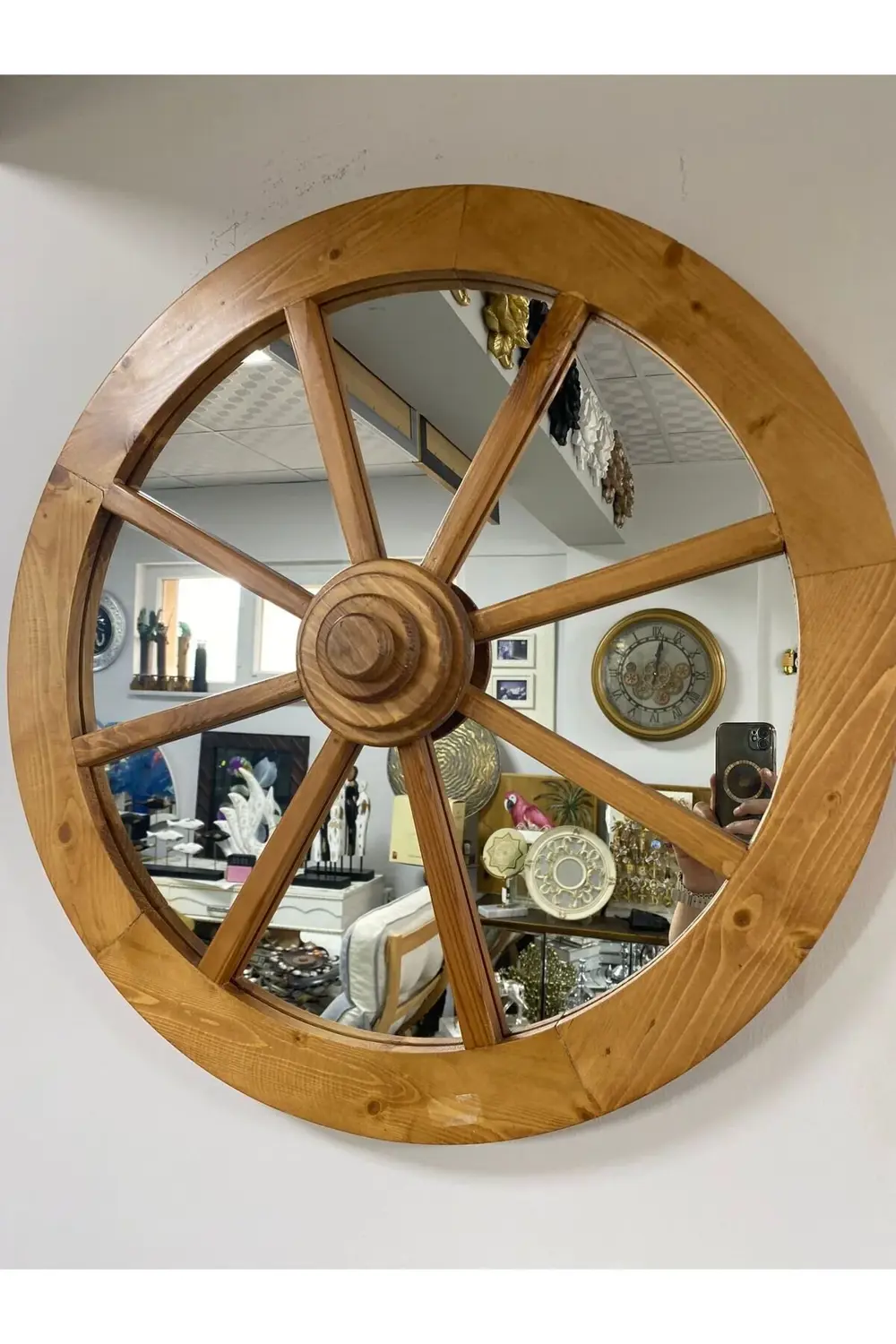 Ahşap At Arabası Tekerleği Dekoratif Ayna