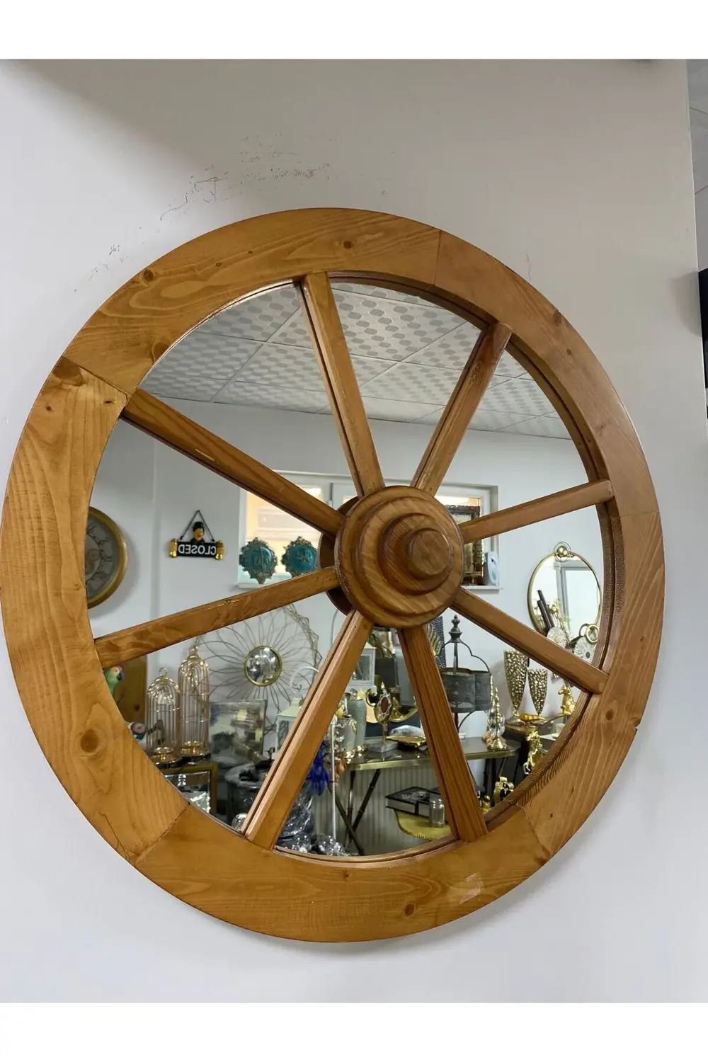 Ahşap At Arabası Tekerleği Dekoratif Ayna